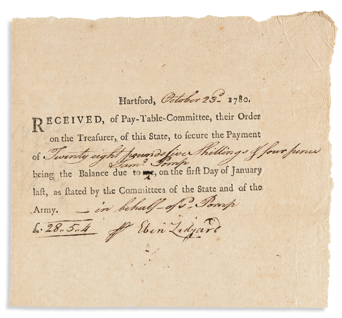 (MILITARY--AMERICAN REVOLUTION.) Pair of pay documents for Black soldier Samuel Pomp.